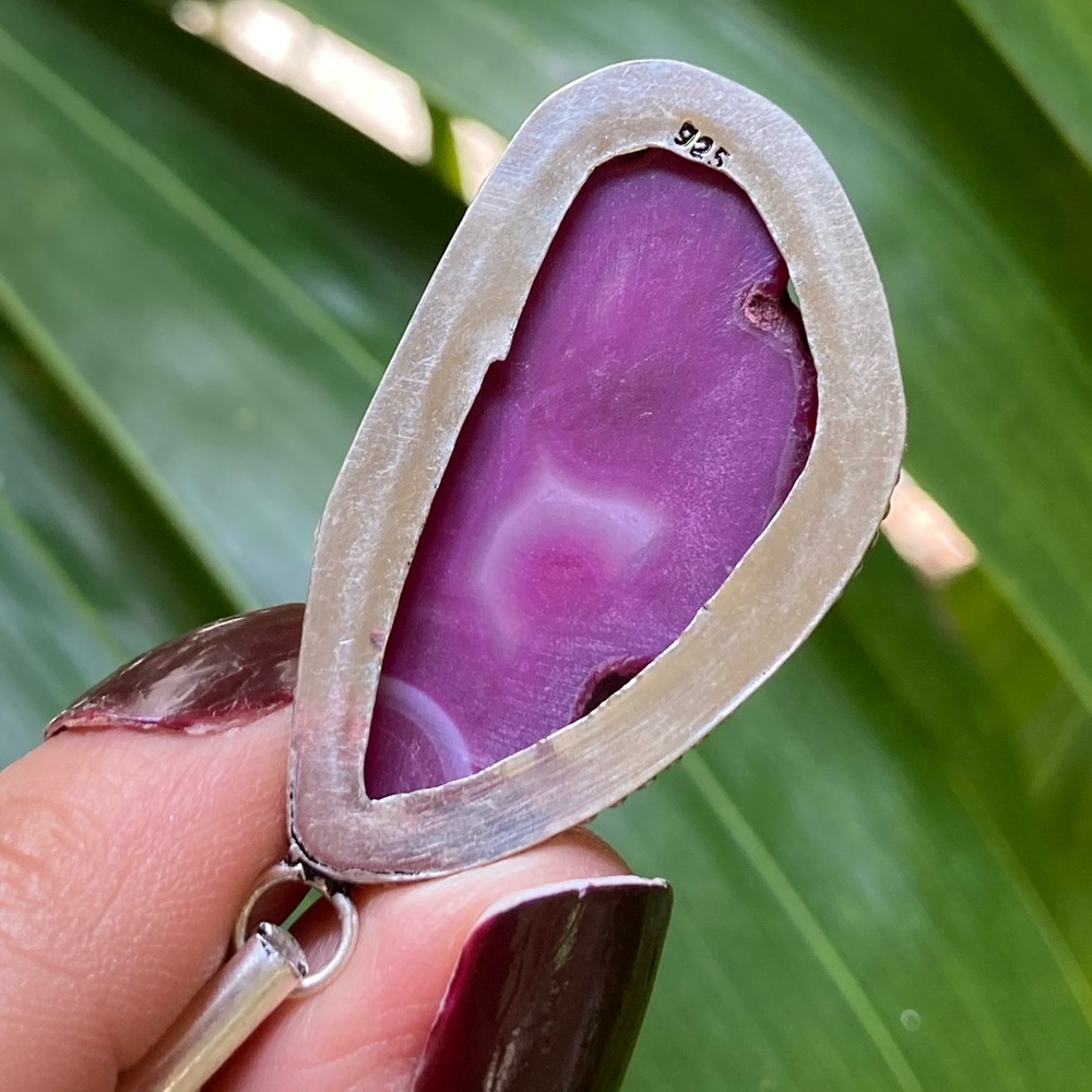 925 sterling silver overlay charm pink geode agate slice gemstone boho necklace - Picture 3 of 11